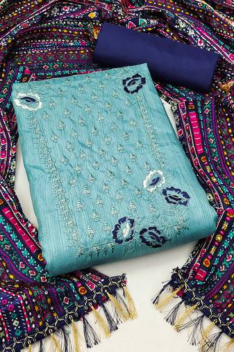 Women's sea green unstitched heavy multi embroidery sequence work with printed dupatta silk dress material (rnx5011sgn)