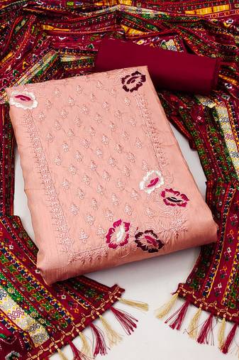 Women's peach unstitched heavy embroidery sequence work with printed dupatta coco silk dress material (rnx5011pch)