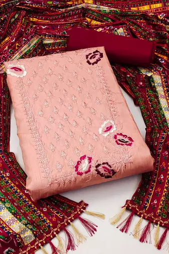 Women's peach unstitched heavy embroidery sequence work with printed dupatta coco silk dress material (rnx5011pch)
