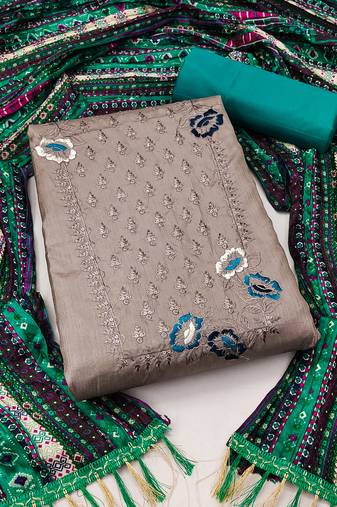 Women's grey unstitched heavy multi embroidery sequence work with printed dupatta coco silk dress material (rnx5011gry)