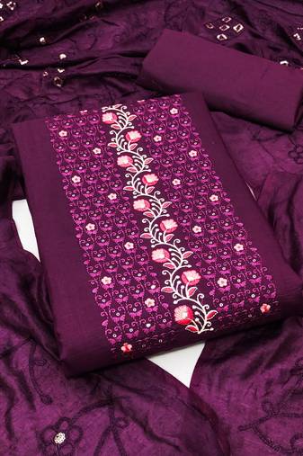 Women's purple unstitched embroidery sequence work with embroidered dupatta parampara silk dress material (rnx594ppl)