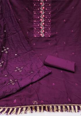 Women's purple unstitched embroidery sequence work with embroidered dupatta parampara silk dress material (rnx594ppl) 2