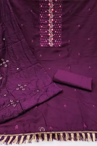 Women's purple unstitched embroidery sequence work with embroidered dupatta parampara silk dress material (rnx594ppl)