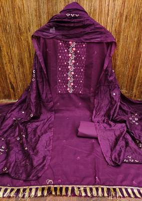 Women's purple unstitched embroidery sequence work with embroidered dupatta parampara silk dress material (rnx594ppl) 3