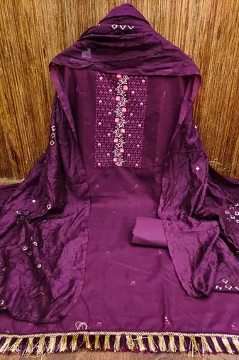 Women's purple unstitched embroidery sequence work with embroidered dupatta parampara silk dress material (rnx594ppl)