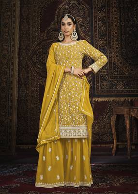 Yellow color embroidered georgette sharara suit 1
