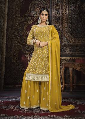 Yellow color embroidered georgette sharara suit 2