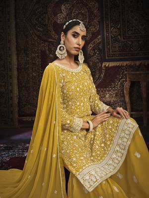 Yellow color embroidered georgette sharara suit 4