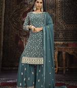 Teal color embroidered  georgette sharara suit