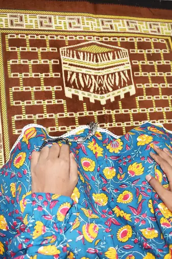 Ana yellow floral teal blue cotton namaz makhna