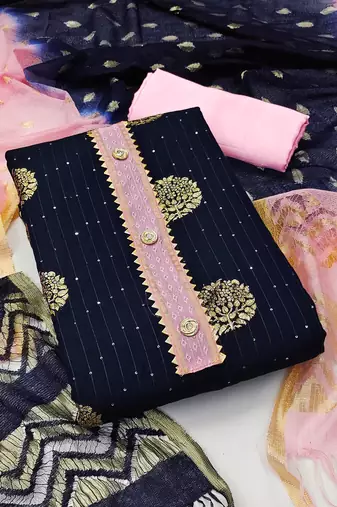 Banarasi buta sequin top with cotton bottom and saboori print dupatta set dress material