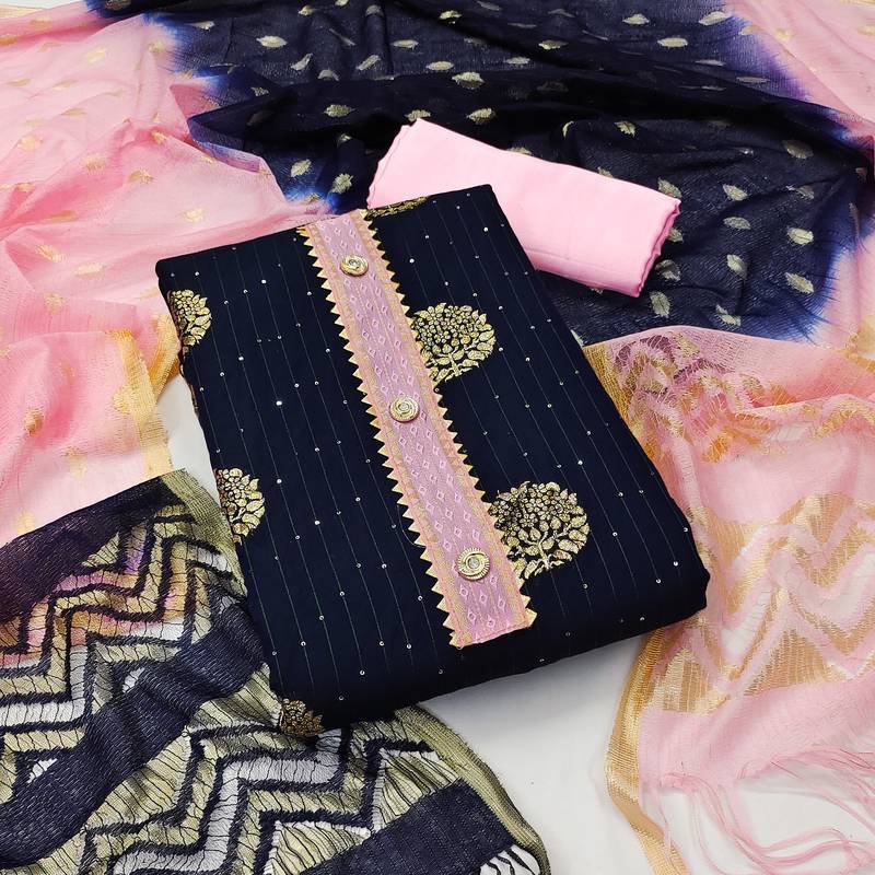 Banarasi buta sequin top with cotton bottom and saboori print dupatta set dress material