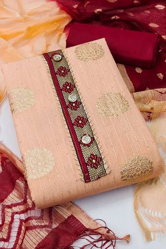 Banarasi buta sequin top with cotton bottom and saboori print dupatta set dress material