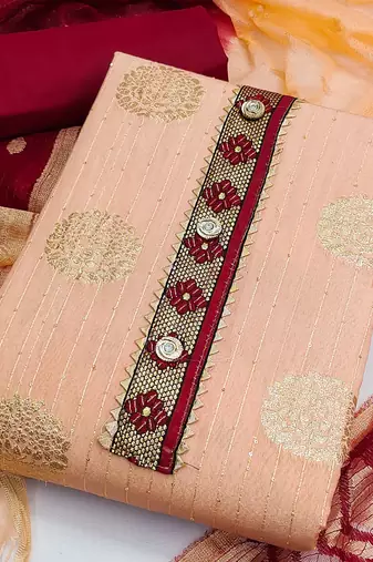 Banarasi buta sequin top with cotton bottom and saboori print dupatta set dress material