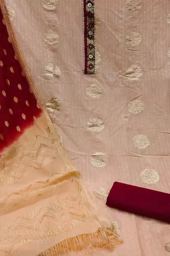 Banarasi buta sequin top with cotton bottom and saboori print dupatta set dress material