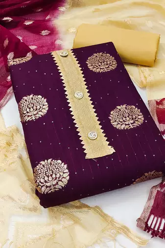Banarasi buta sequin top with cotton bottom and saboori print dupatta set dress material