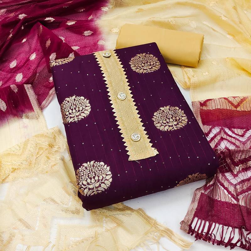Banarasi buta sequin top with cotton bottom and saboori print dupatta set dress material