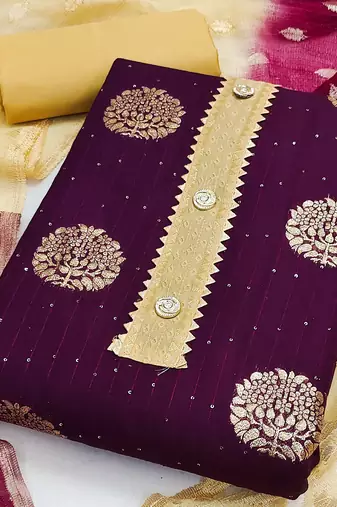 Banarasi buta sequin top with cotton bottom and saboori print dupatta set dress material