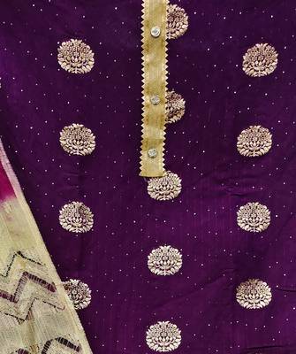 Banarasi buta sequin top with cotton bottom and saboori print dupatta set dress material 3