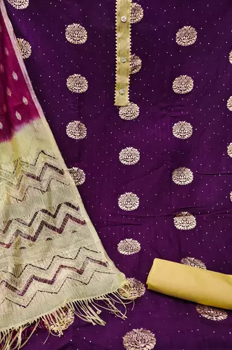 Banarasi buta sequin top with cotton bottom and saboori print dupatta set dress material