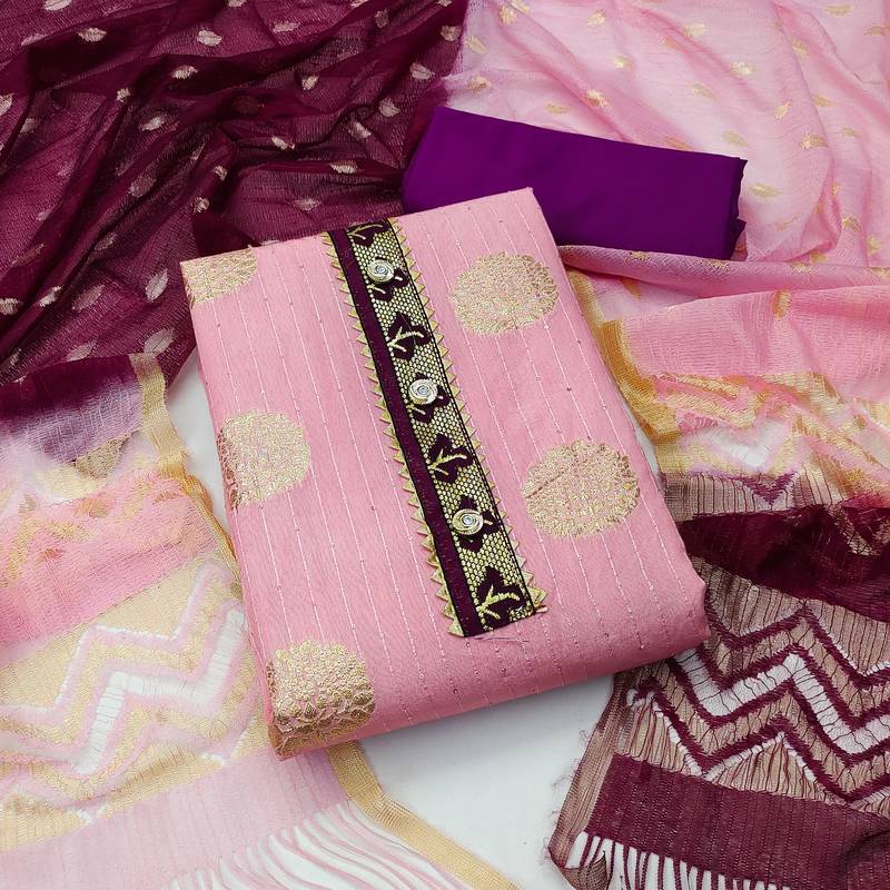 Banarasi buta sequin top with cotton bottom and saboori print dupatta set dress material