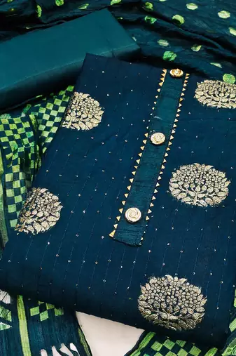 Banarasi buta sequin top with cotton bottom and saboori print dupatta set dress material