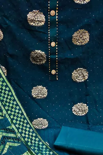 Banarasi buta sequin top with cotton bottom and saboori print dupatta set dress material