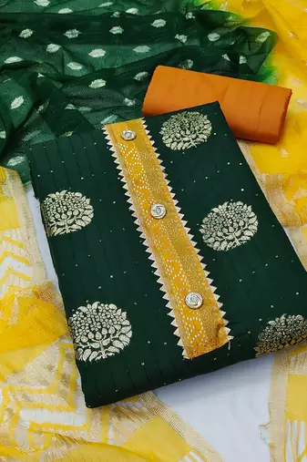 Banarasi buta sequin top with cotton bottom and saboori print dupatta set dress material