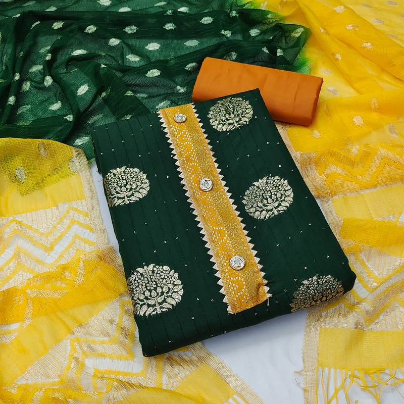 Banarasi buta sequin top with cotton bottom and saboori print dupatta set dress material
