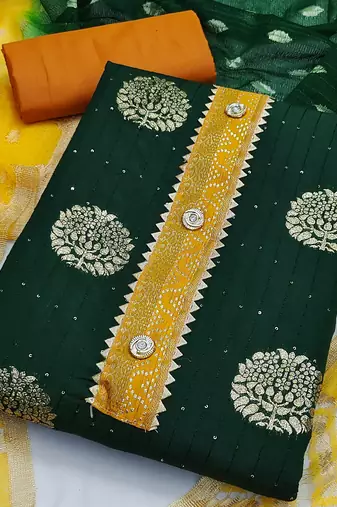 Banarasi buta sequin top with cotton bottom and saboori print dupatta set dress material
