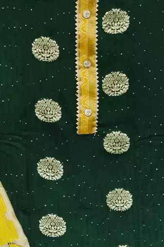 Banarasi buta sequin top with cotton bottom and saboori print dupatta set dress material