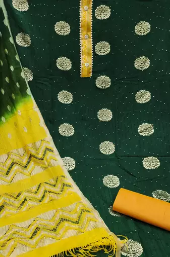 Banarasi buta sequin top with cotton bottom and saboori print dupatta set dress material