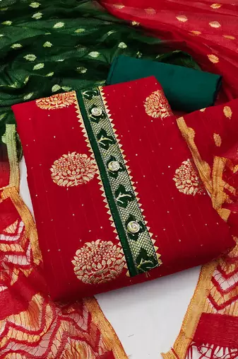 Banarasi buta sequin top with cotton bottom and saboori print dupatta set dress material