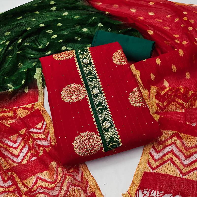 Banarasi buta sequin top with cotton bottom and saboori print dupatta set dress material
