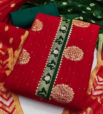 Banarasi buta sequin top with cotton bottom and saboori print dupatta set dress material 2