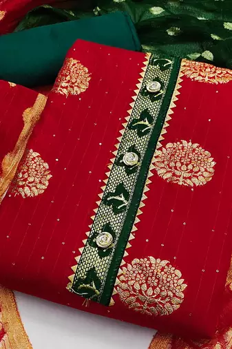 Banarasi buta sequin top with cotton bottom and saboori print dupatta set dress material