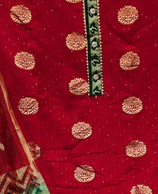 Banarasi buta sequin top with cotton bottom and saboori print dupatta set dress material 3