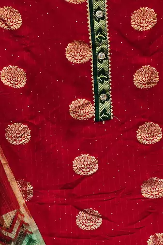 Banarasi buta sequin top with cotton bottom and saboori print dupatta set dress material