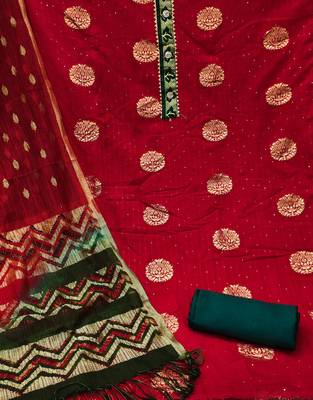 Banarasi buta sequin top with cotton bottom and saboori print dupatta set dress material 4