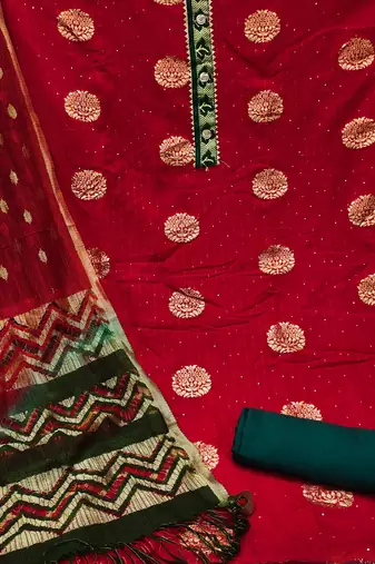 Banarasi buta sequin top with cotton bottom and saboori print dupatta set dress material