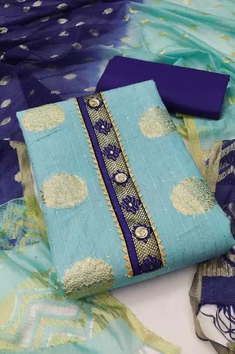 Banarasi buta sequin top with cotton bottom and saboori print dupatta set dress material