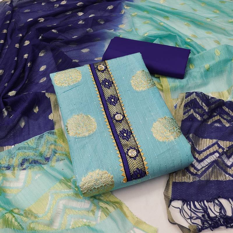 Banarasi buta sequin top with cotton bottom and saboori print dupatta set dress material