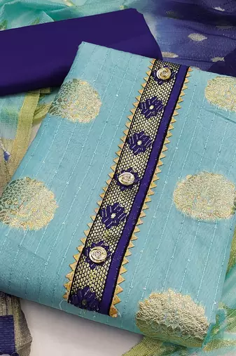 Banarasi buta sequin top with cotton bottom and saboori print dupatta set dress material