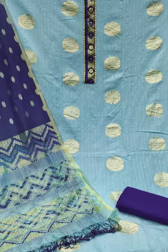 Banarasi buta sequin top with cotton bottom and saboori print dupatta set dress material