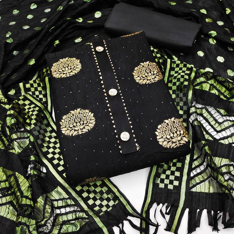 Banarasi buta sequin top with cotton bottom and saboori print dupatta set dress material