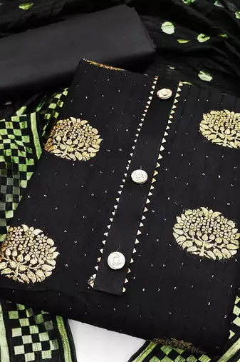 Banarasi buta sequin top with cotton bottom and saboori print dupatta set dress material