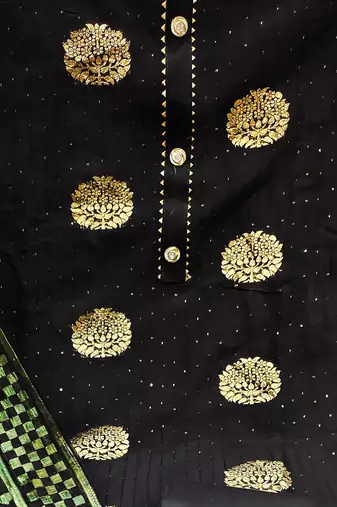 Banarasi buta sequin top with cotton bottom and saboori print dupatta set dress material
