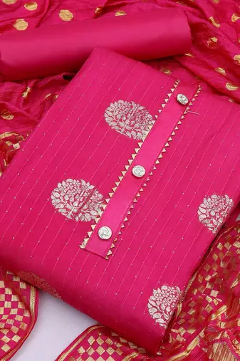 Banarasi buta sequin top with cotton bottom and saboori print dupatta set dress material