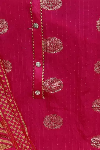 Banarasi buta sequin top with cotton bottom and saboori print dupatta set dress material