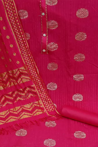 Banarasi buta sequin top with cotton bottom and saboori print dupatta set dress material